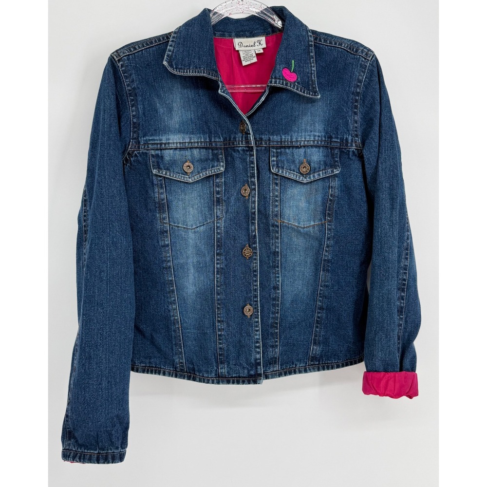 Daniel K Girls Blue Denim Jacket Pink Silk Lining‎ Embroidered Handbags Sz M